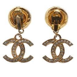 Chanel Coco Mark Rhinestone Earrings Gold Plated Women's CHANEL