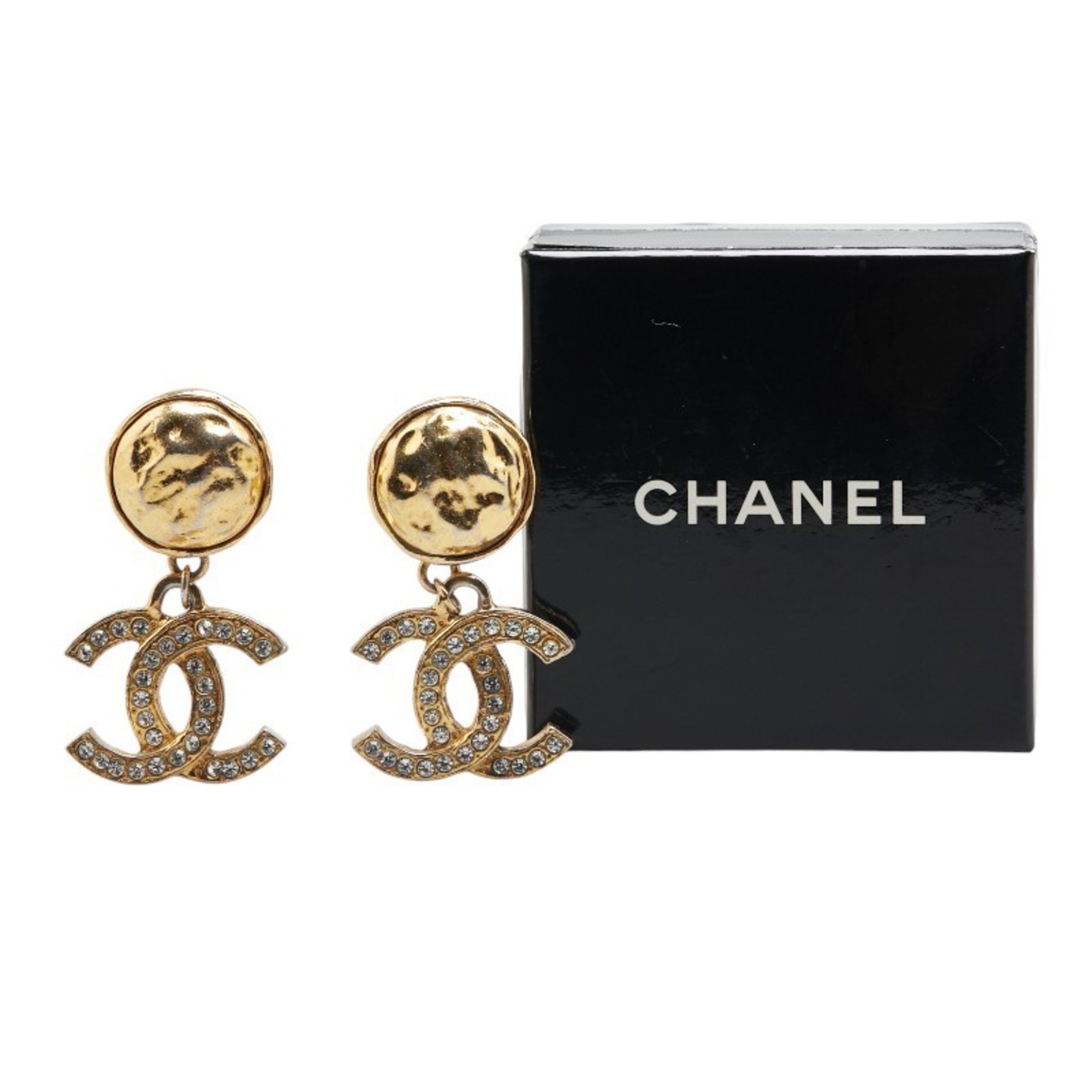 Chanel Coco Mark Rhinestone Earrings Gold Plated Women's CHANEL