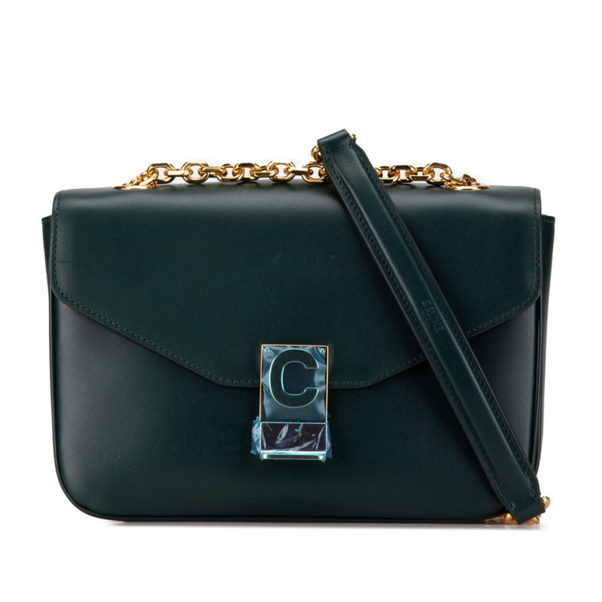 CELINE Medium C Chain Shoulder Bag Dark Green Calf Leather Women's