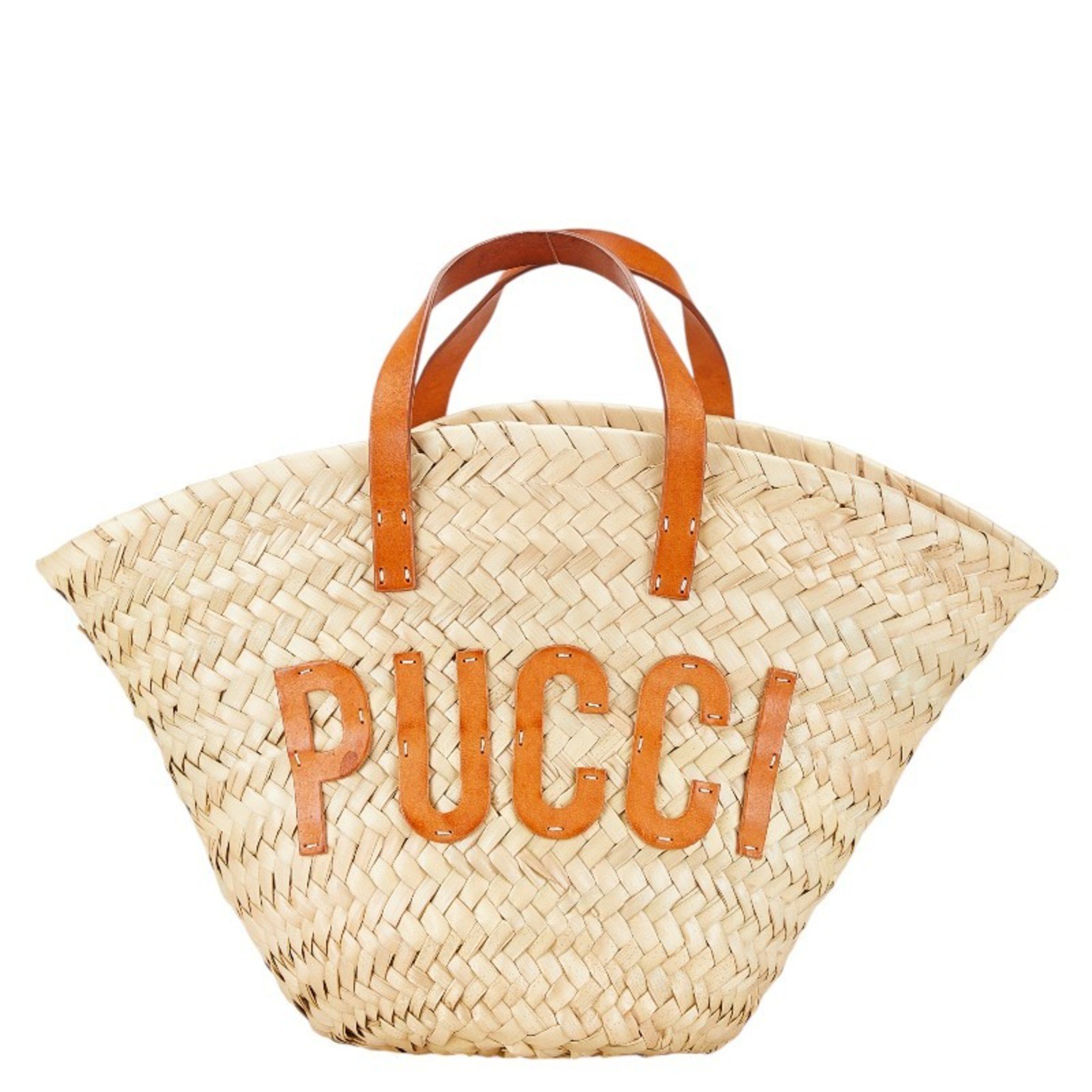 Emilio Pucci Basket Bag Handbag Beige Brown Straw Leather Women's