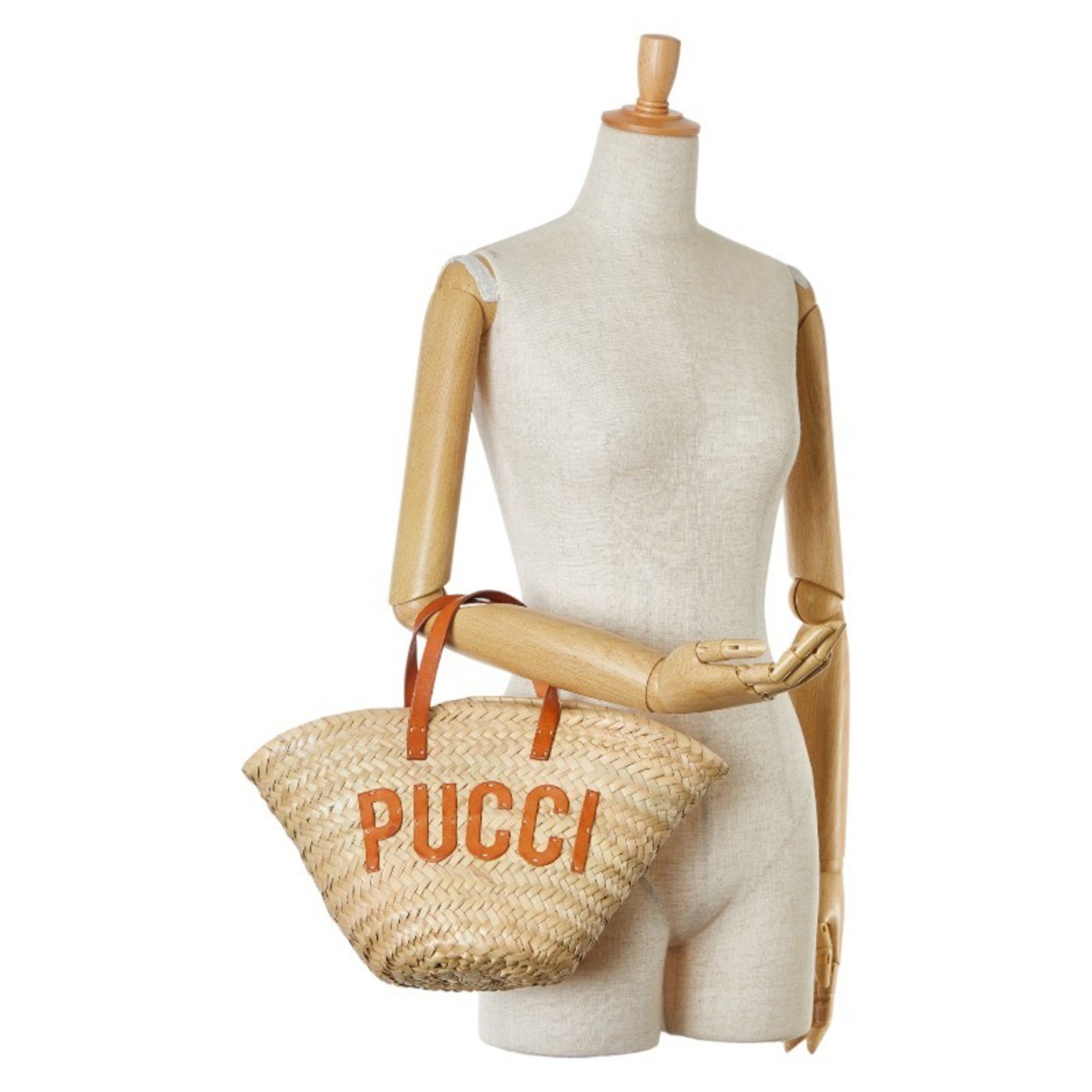 Emilio Pucci Basket Bag Handbag Beige Brown Straw Leather Women's