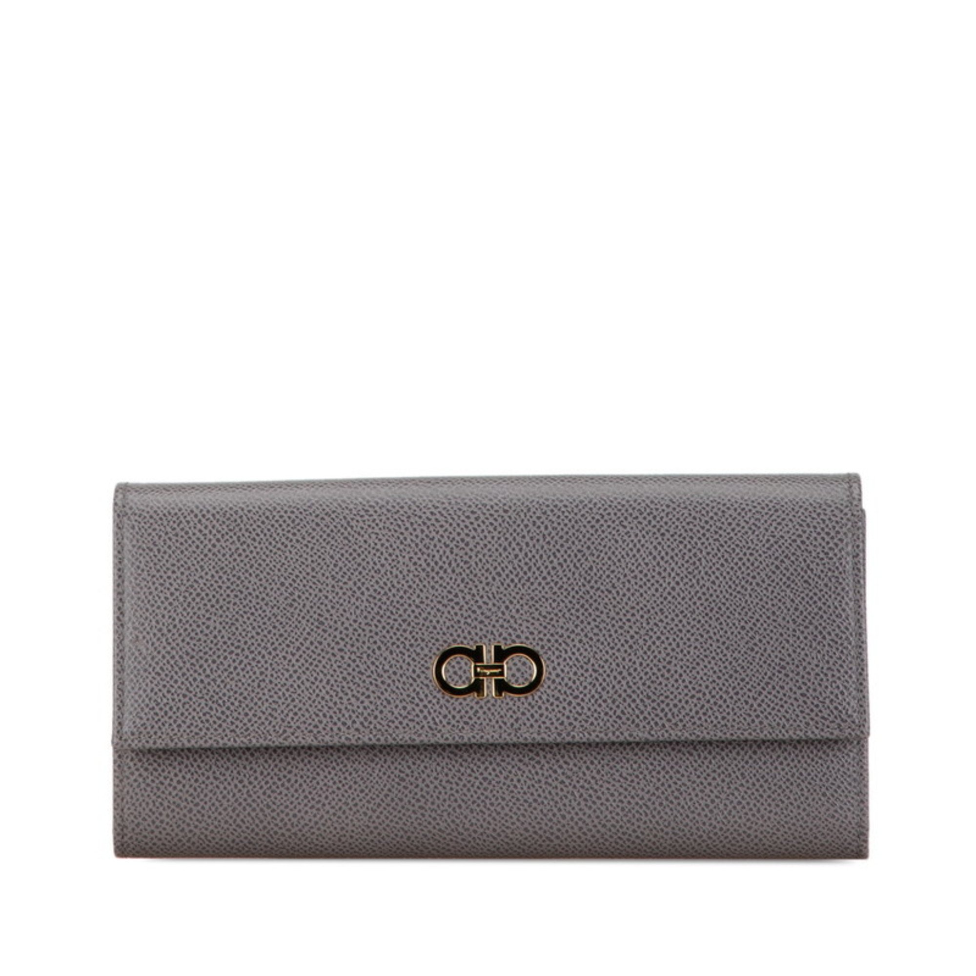 Salvatore Ferragamo Gancini Long Wallet Grey Leather Women's