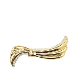 Yves Saint Laurent Ribbon Motif Rhinestone Brooch Gold Plated Women's YVES SAINT LAURENT