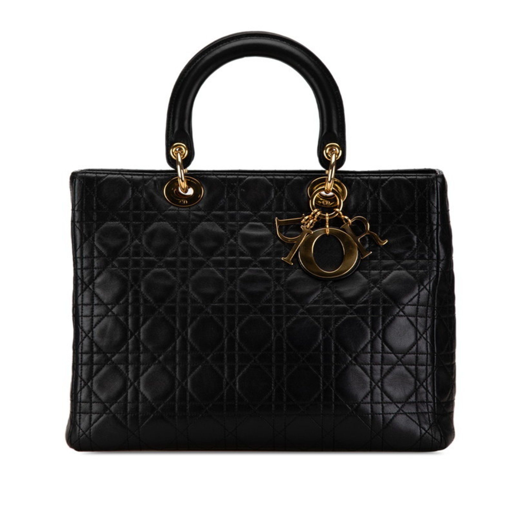 Christian Dior Dior Lady Cannage Large Handbag Black Leather Women's