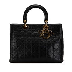 Christian Dior Dior Lady Cannage Large Handbag Black Leather Women's