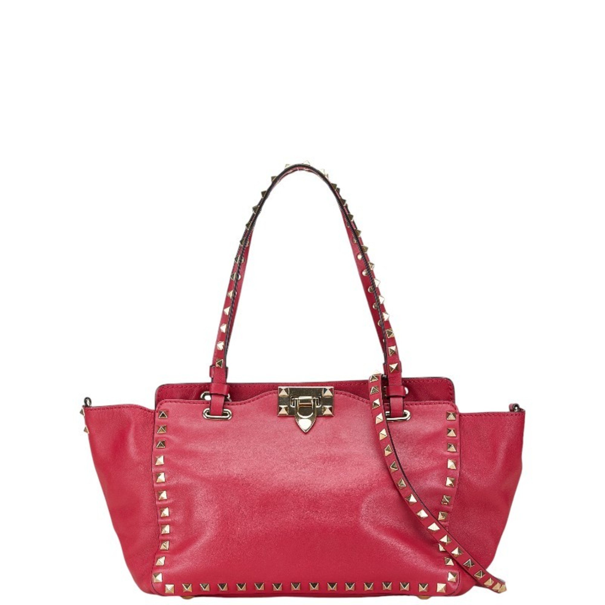 Valentino Rockstud Tote Bag Shoulder Pink Leather Women's