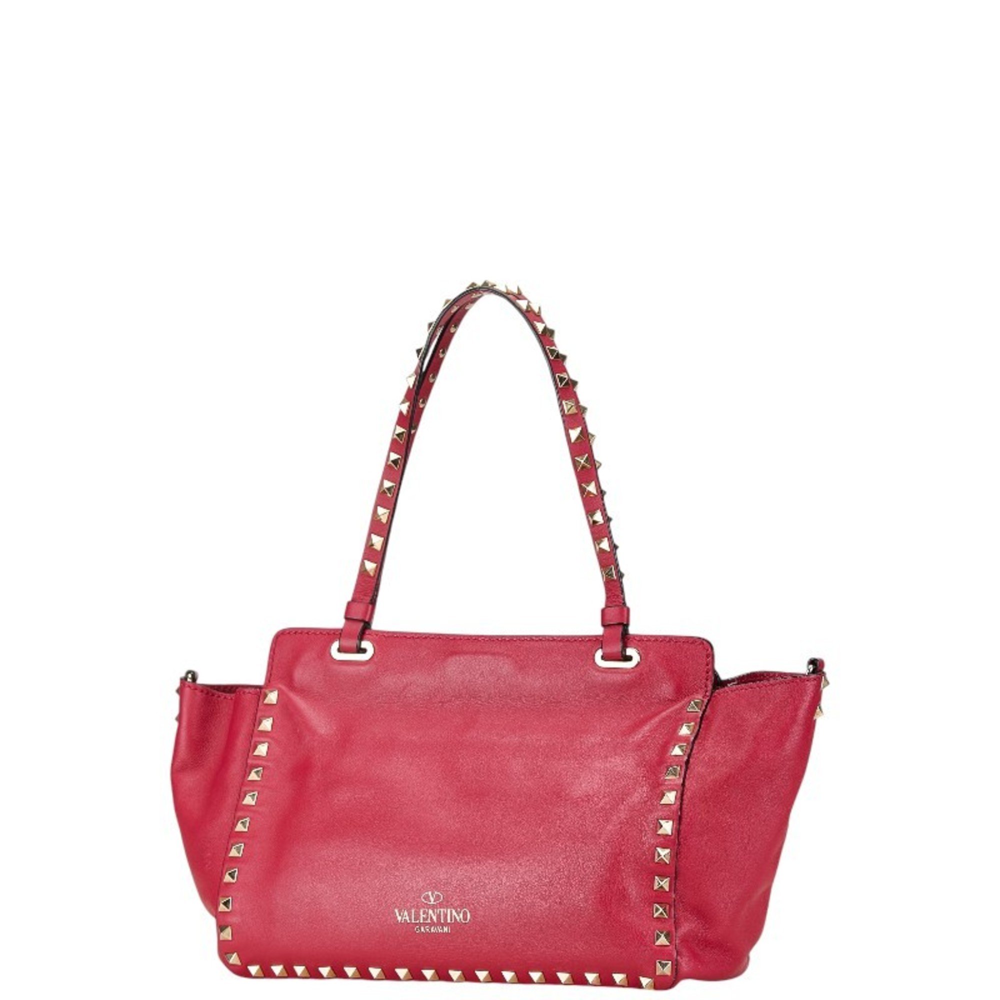 Valentino Rockstud Tote Bag Shoulder Pink Leather Women's