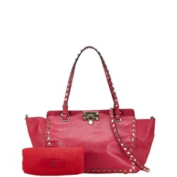 Valentino Rockstud Tote Bag Shoulder Pink Leather Women's