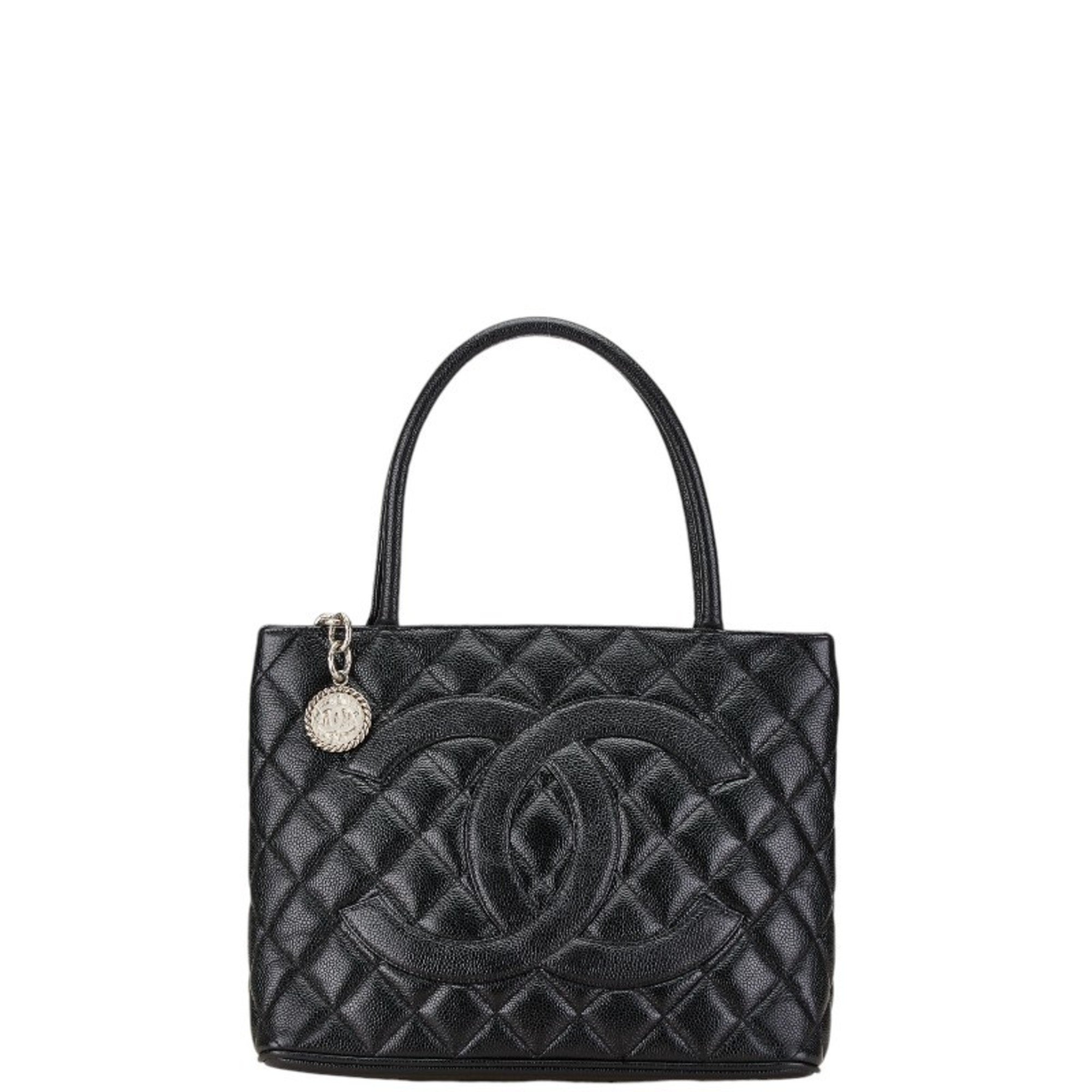 CHANEL Matelasse Deca Coco Mark Reprint Tote Quilted Bag Shoulder Black Caviar Skin Women's