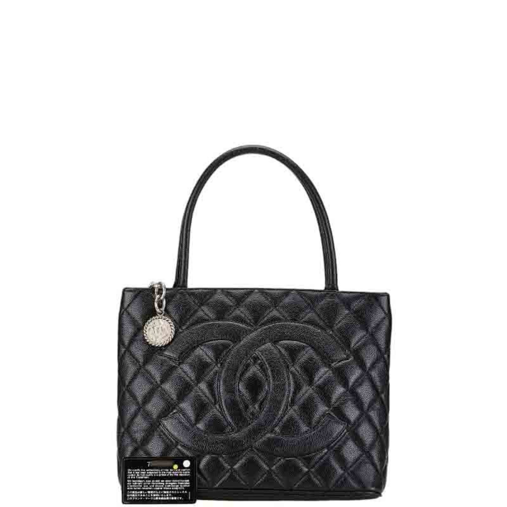 CHANEL Matelasse Deca Coco Mark Reprint Tote Quilted Bag Shoulder Black Caviar Skin Women's