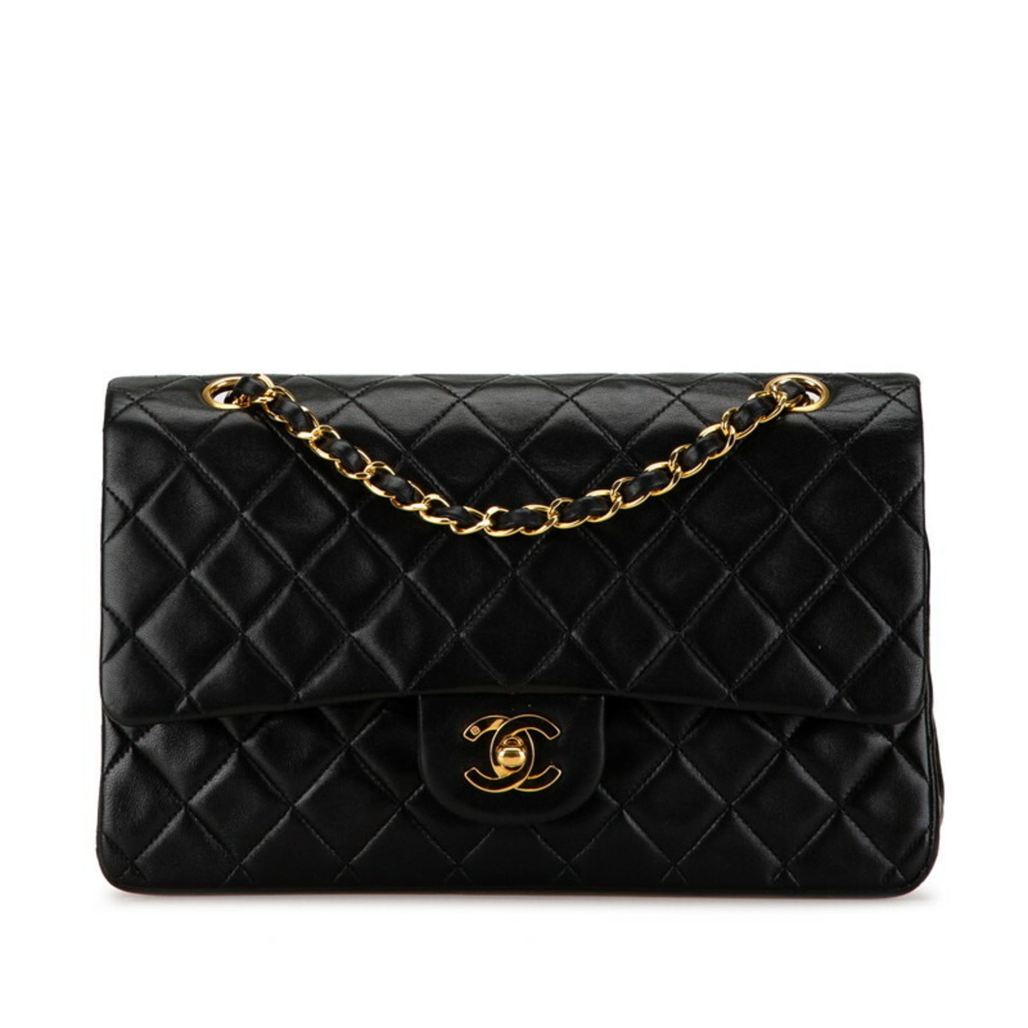 Chanel Matelasse 25 Double Flap Coco Mark Chain Shoulder Bag Black Gold Lambskin Women's CHANEL