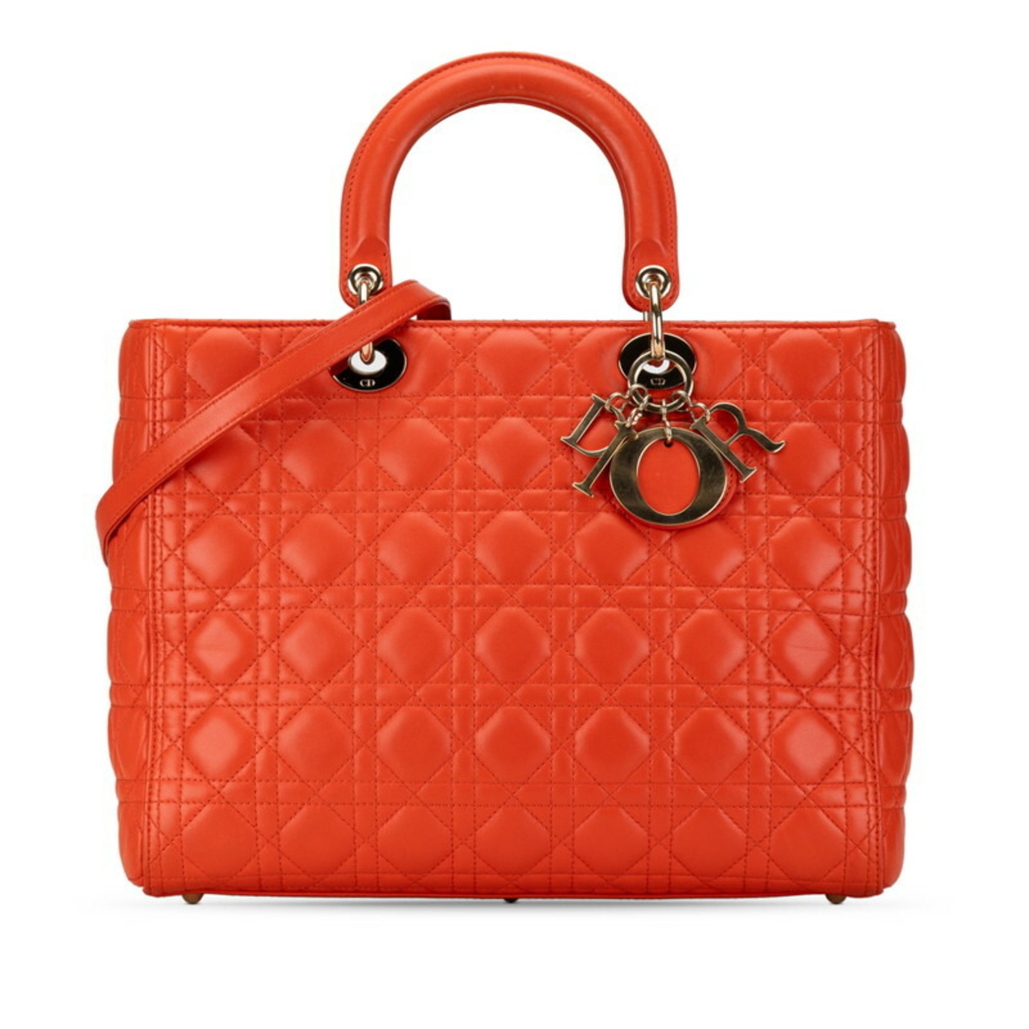 Christian Dior Dior Cannage Lady Handbag Shoulder Bag Orange Lambskin Women's