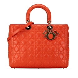 Christian Dior Dior Cannage Lady Handbag Shoulder Bag Orange Lambskin Women's