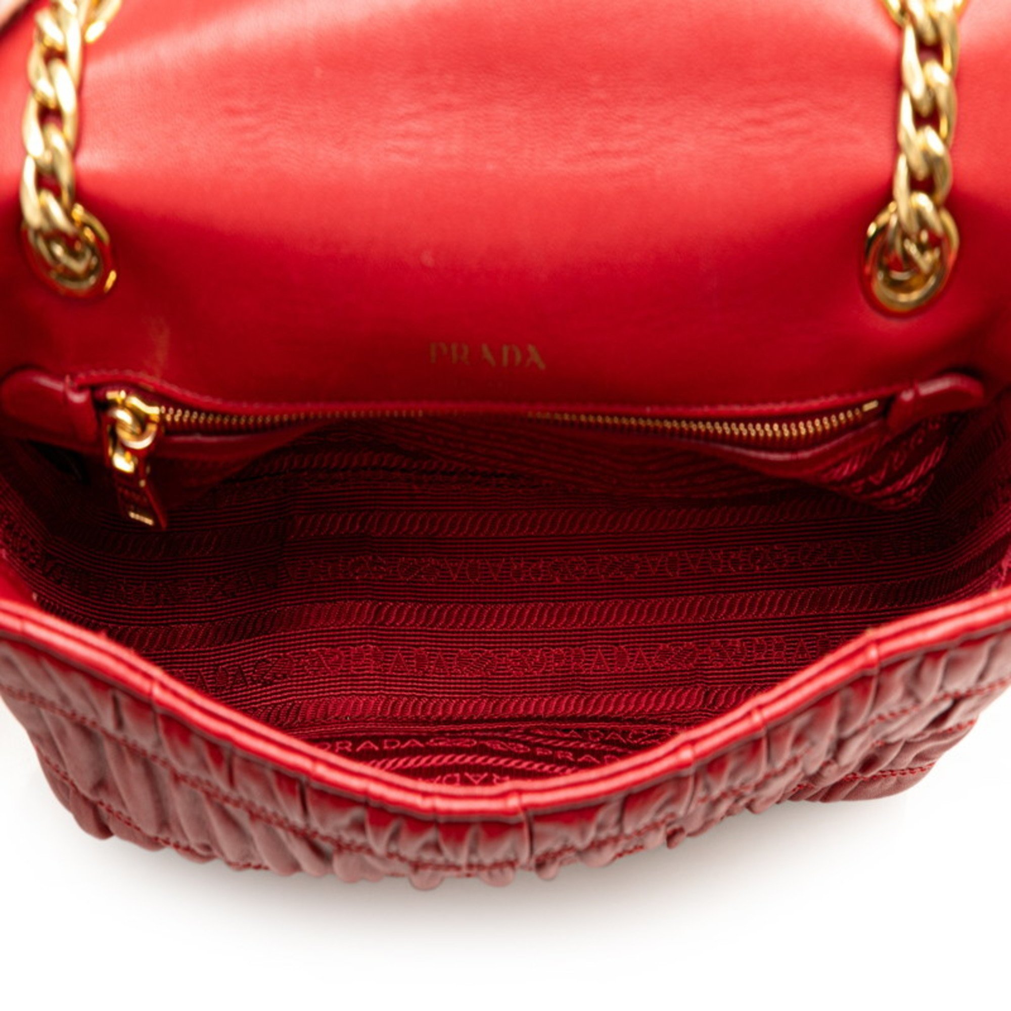 Prada Gathered Chain Shoulder Bag 1BD235 Red Leather Women's PRADA