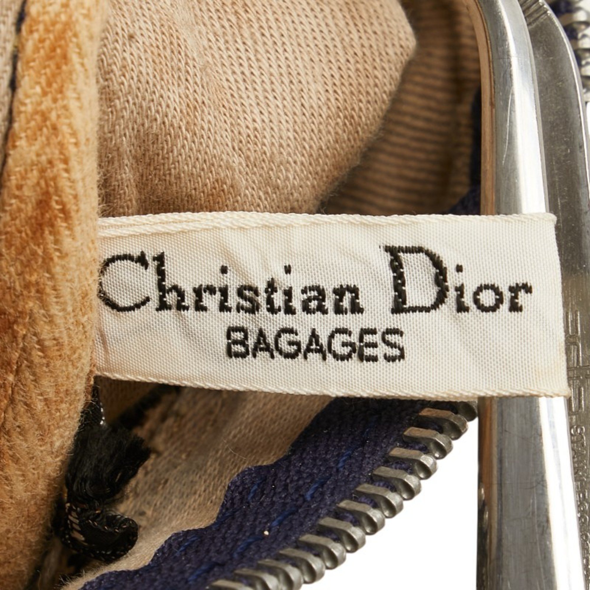 Christian Dior Dior Trotter Boston Bag Handbag Navy Beige Leather Jacquard Women's