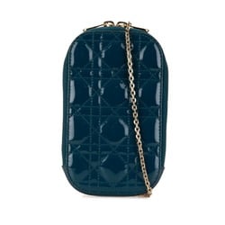 Christian Dior Dior Cannage Phone Holder Chain Shoulder Bag Blue Patent Calfskin Women's