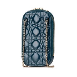 Christian Dior Dior Cannage Phone Holder Chain Shoulder Bag Blue Patent Calfskin Women's