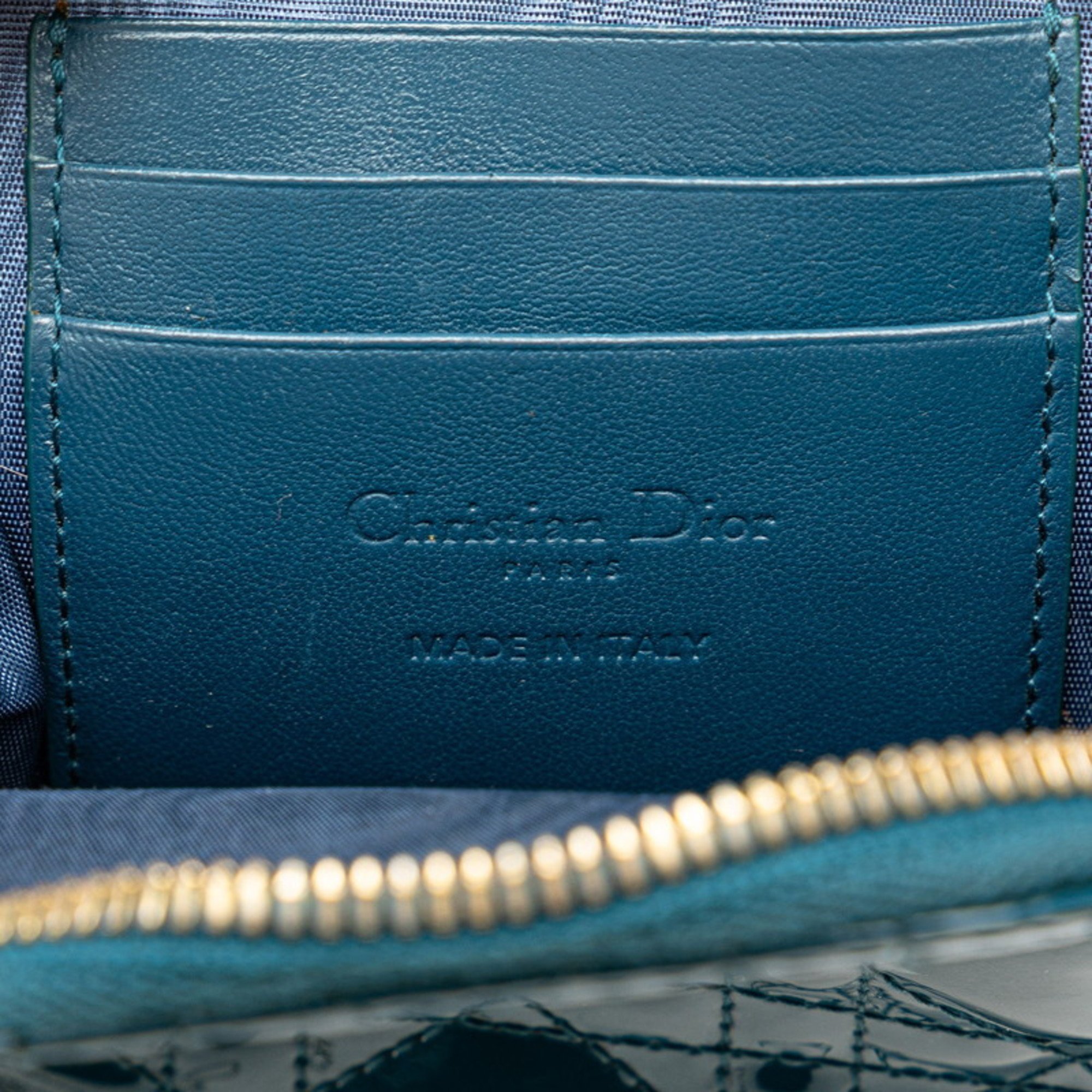 Christian Dior Dior Cannage Phone Holder Chain Shoulder Bag Blue Patent Calfskin Women's