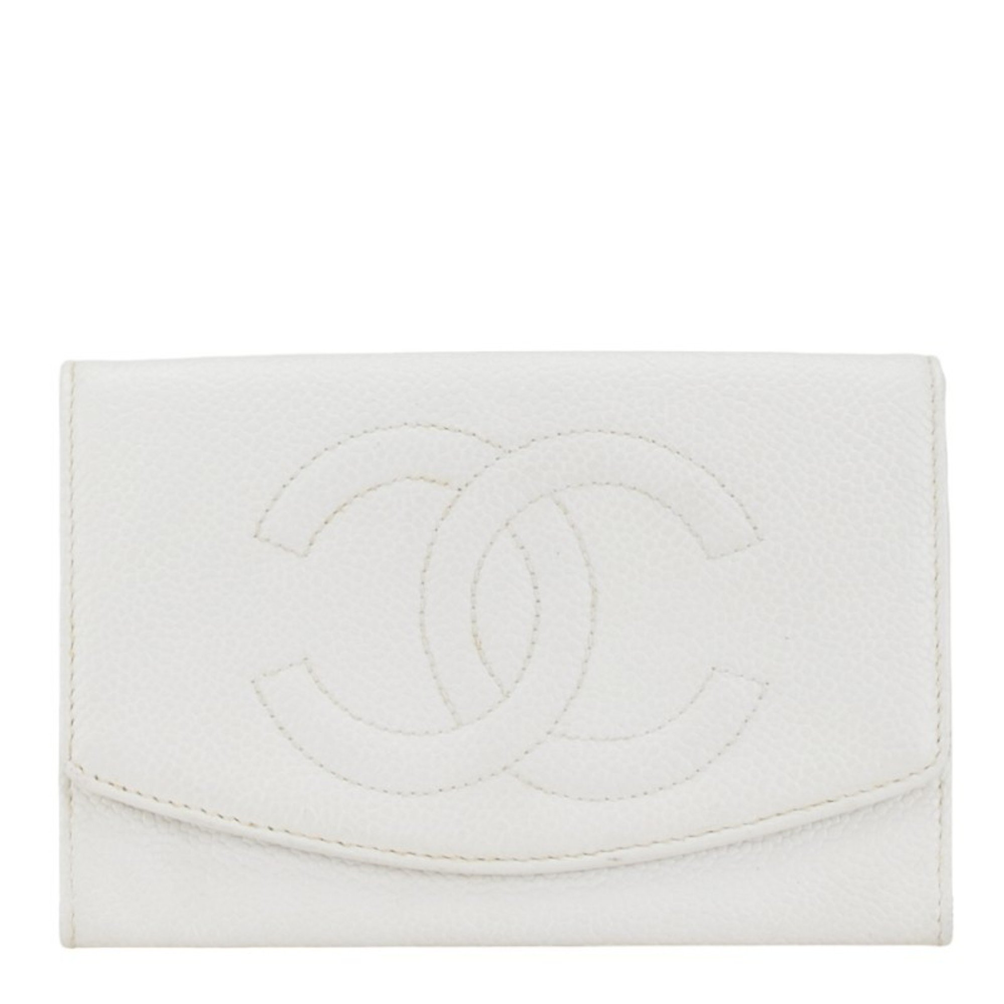 CHANEL Coco Mark Bi-fold Wallet Pouch White Caviar Skin Women's