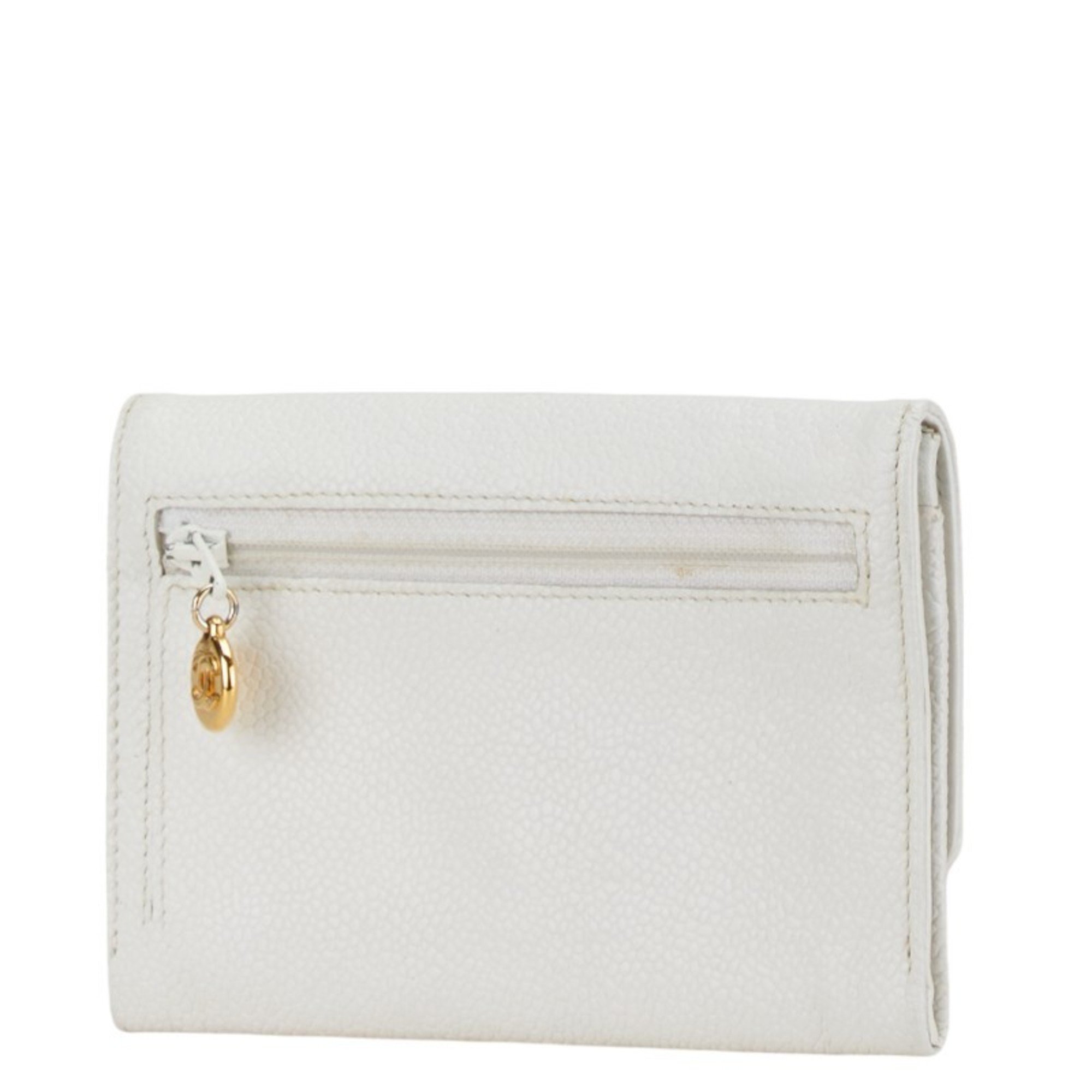 CHANEL Coco Mark Bi-fold Wallet Pouch White Caviar Skin Women's