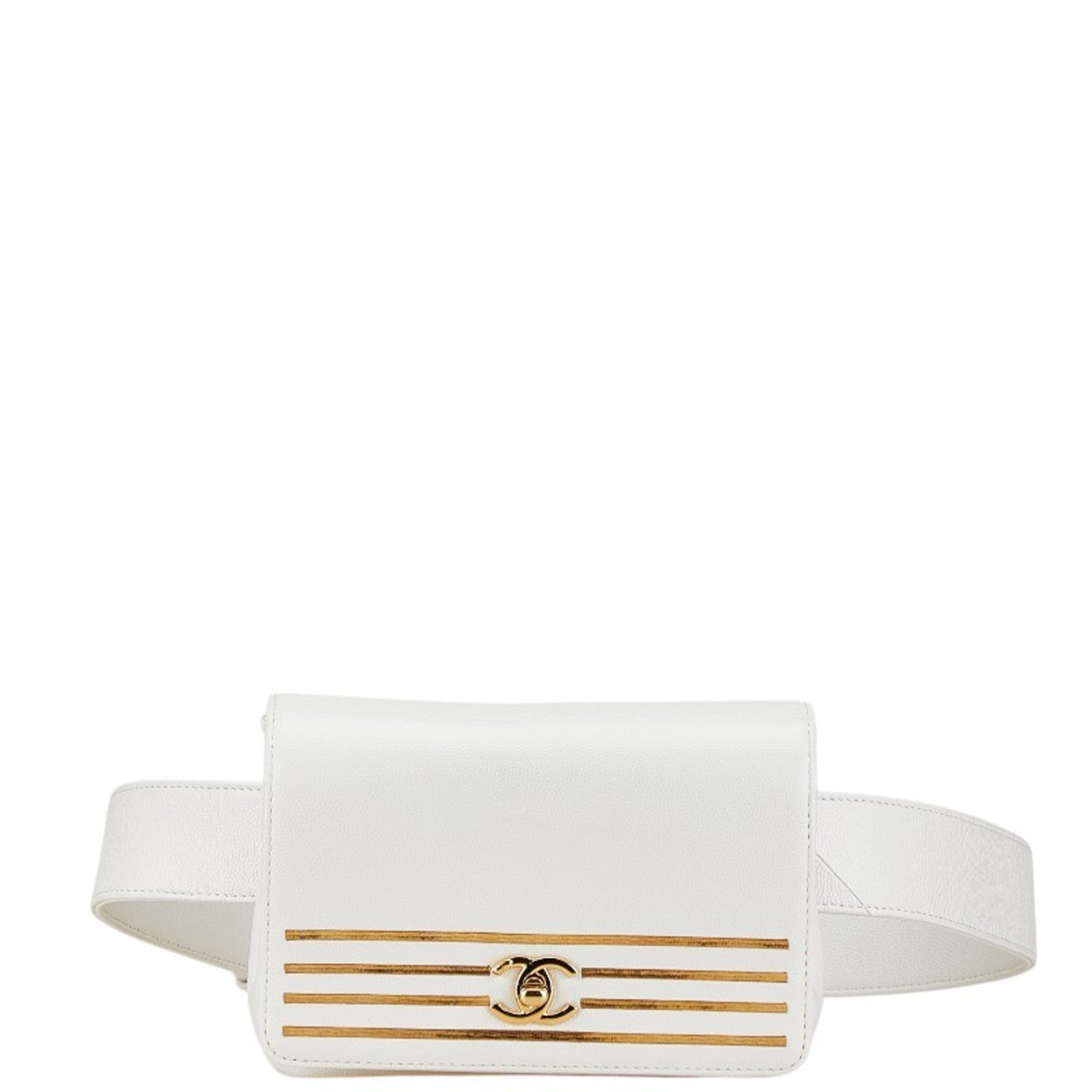 Chanel Coco Mark Captain Gold Waist Bag Body Shoulder White Caviar Skin Women's CHANEL