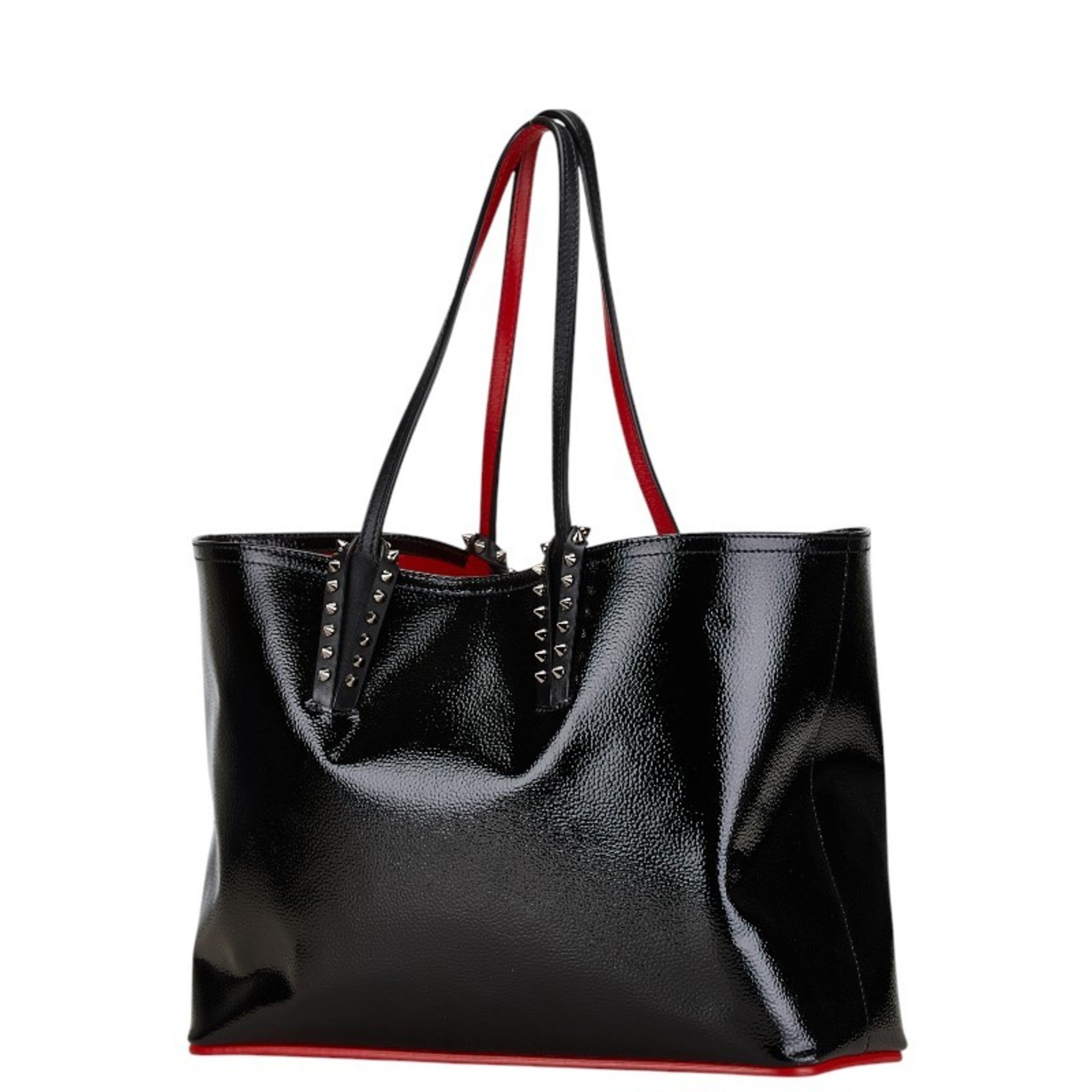 Christian Louboutin Studded Cabata Tote Bag Shoulder Black Red Patent Leather Women's