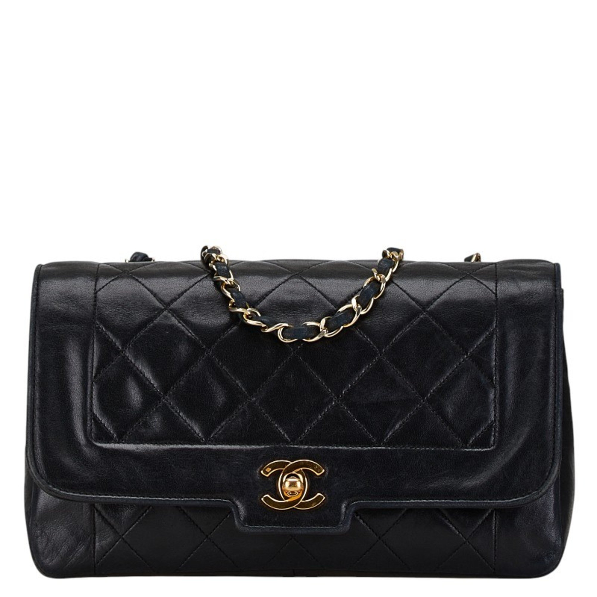 Chanel Matelasse Diana Single Flap Coco Mark Chain Shoulder Bag Black Lambskin Women's CHANEL