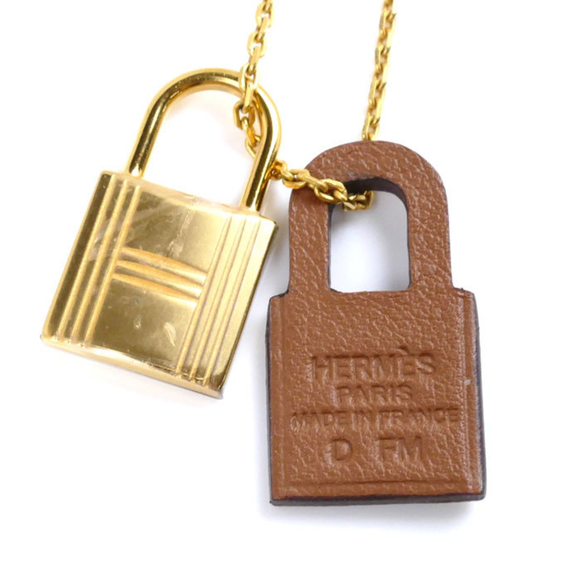 HERMES Swift Leather Metal O'Kelly Padlock Necklace 6.9g 43/48cm D Engraved Women's