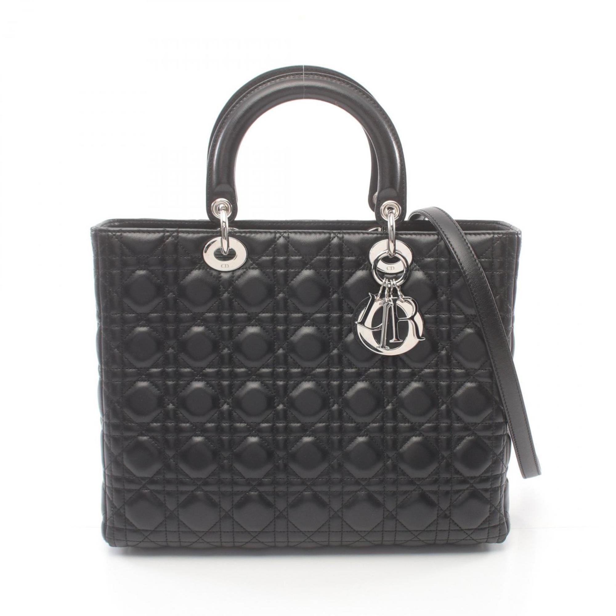 Christian Dior Dior Lady Cannage Handbag Bag Leather Women's Black