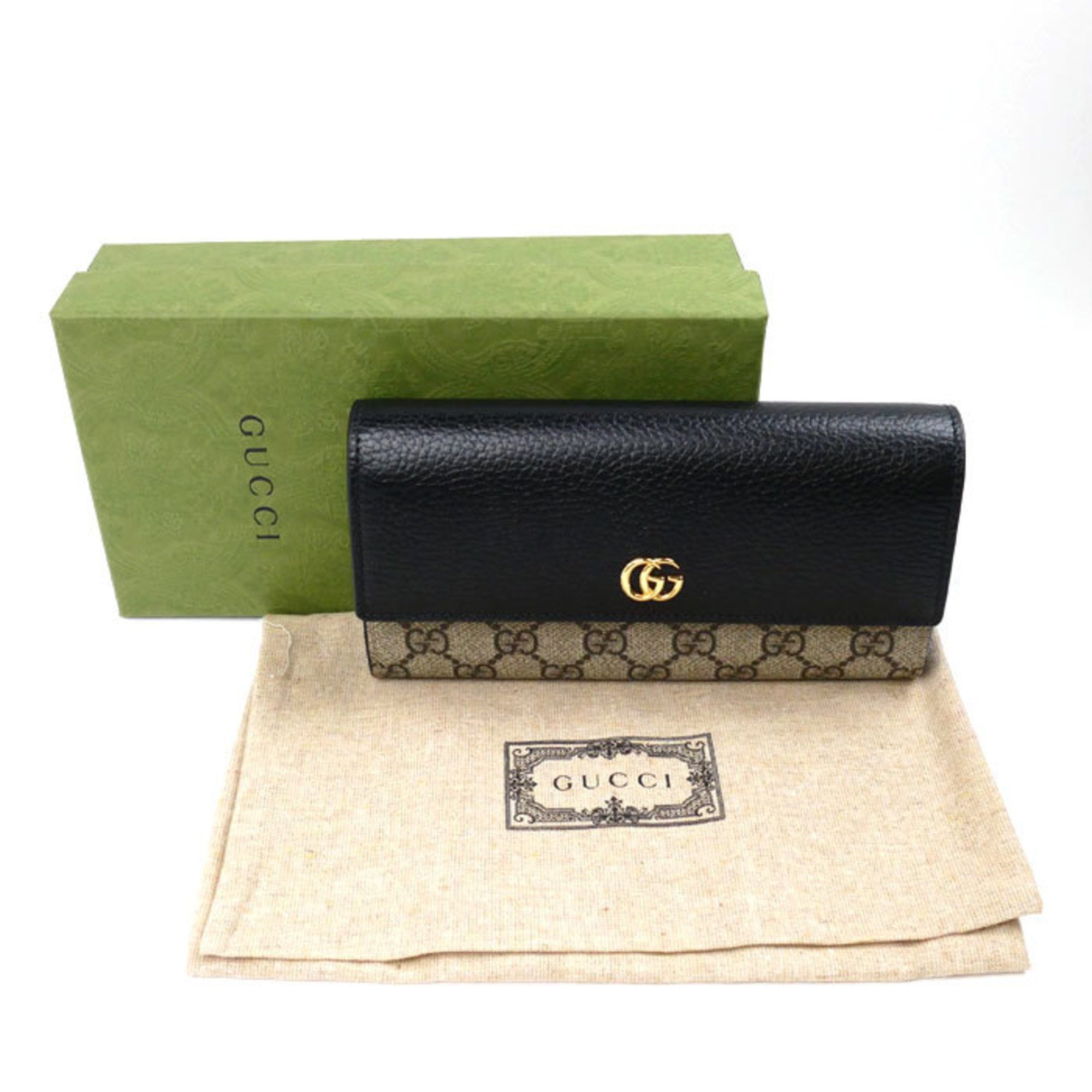 GUCCI Double G Bicolor Continental Wallet Long Black Beige 456116 17WAG 1283 Women's