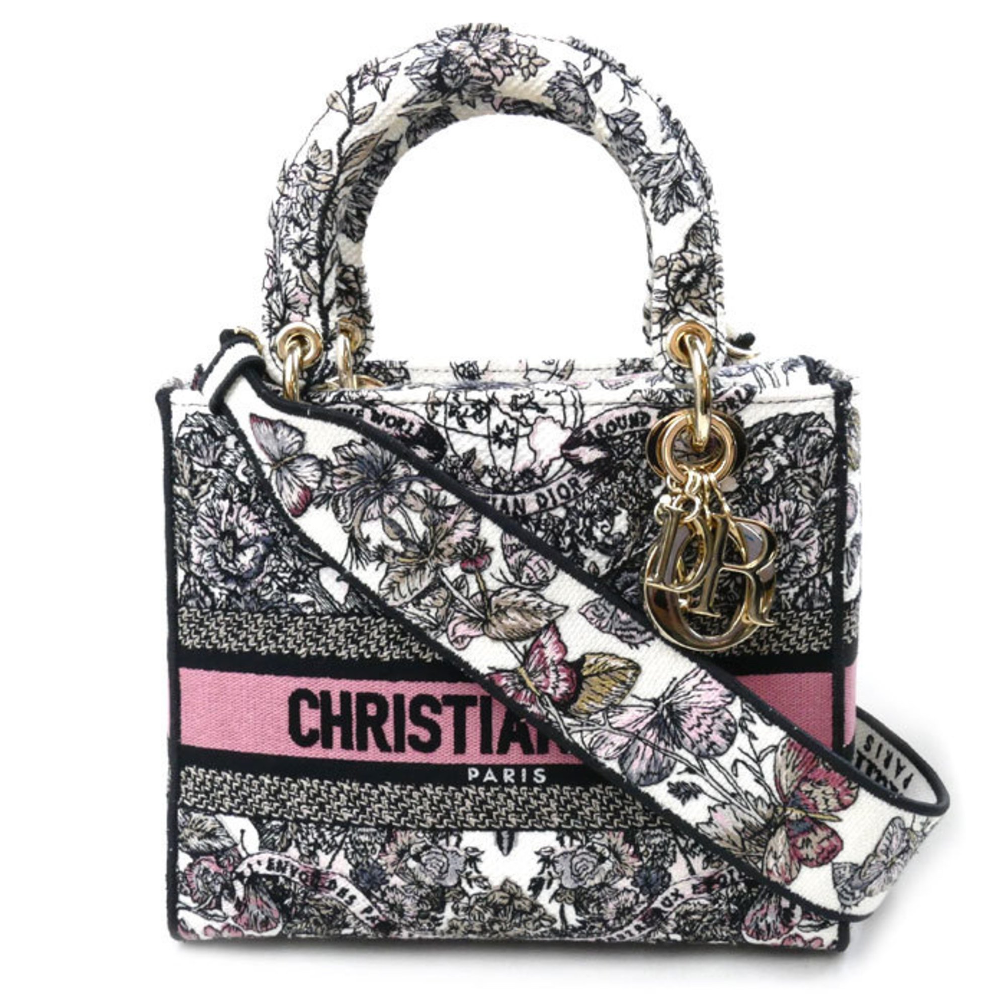 Christian Dior BUTTERFLY AROUND THE WORLD Lady D-Lite Medium 2-Way Shoulder Bag Gray Pink White M0565OESO Women's