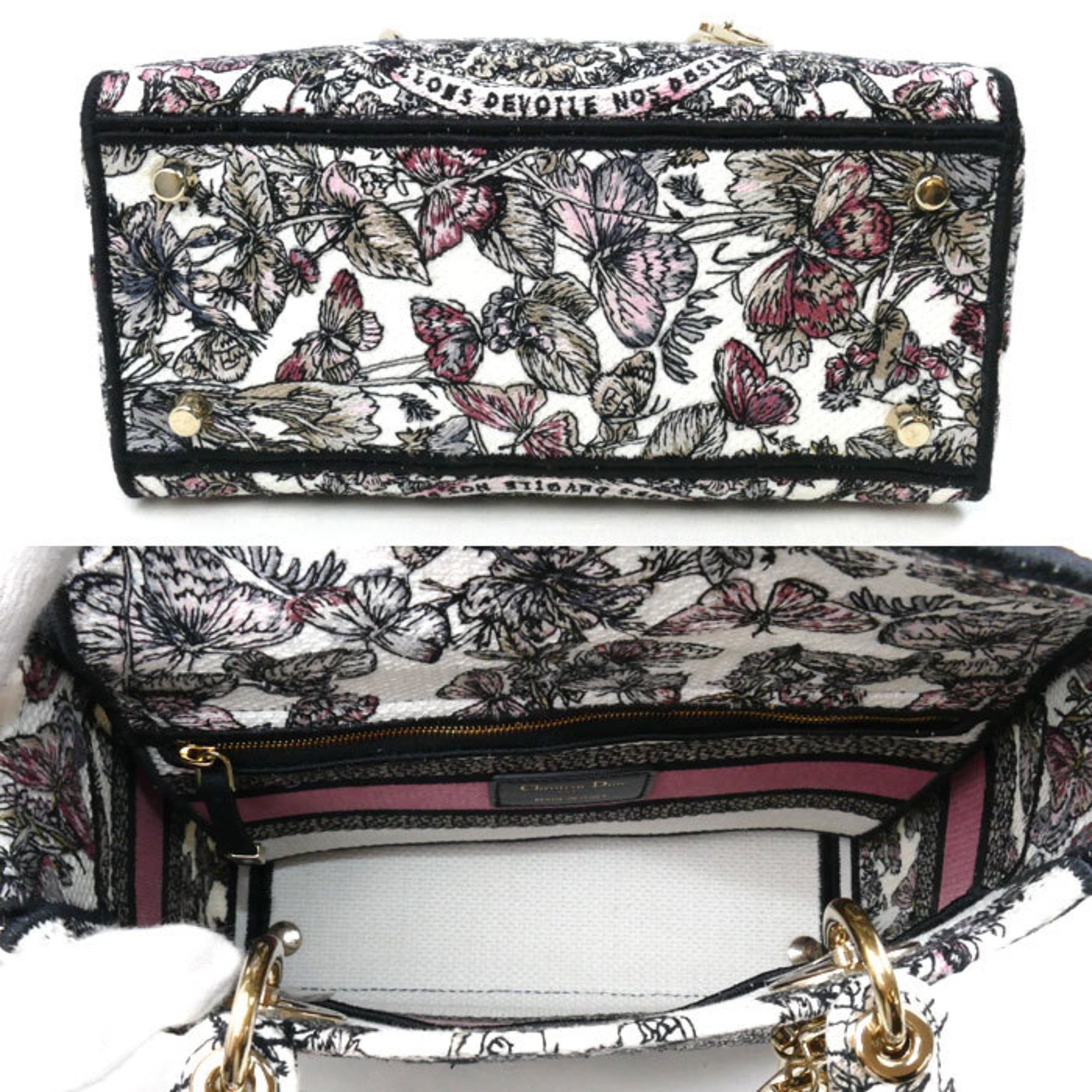 Christian Dior BUTTERFLY AROUND THE WORLD Lady D-Lite Medium 2-Way Shoulder Bag Gray Pink White M0565OESO Women's