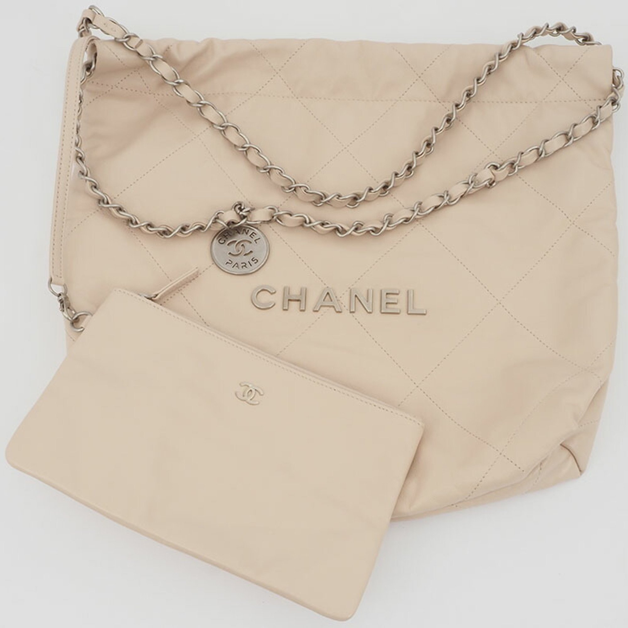 Chanel CHANEL22 Small Handbag Beige AS3260 Women's Shiny Calfskin Matelasse CHANEL