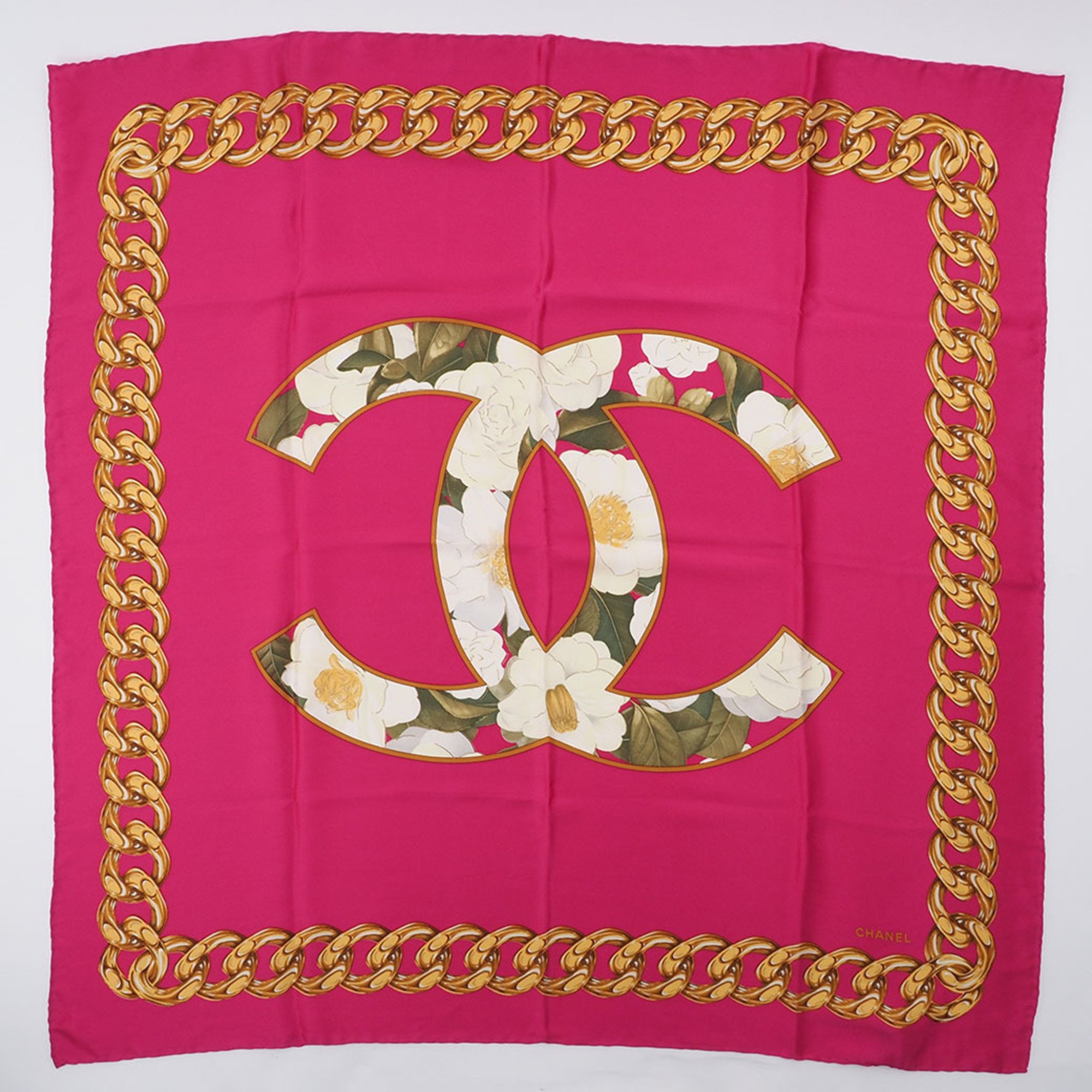 Chanel scarf muffler camellia coco chain pink women's 100% silk CHANEL