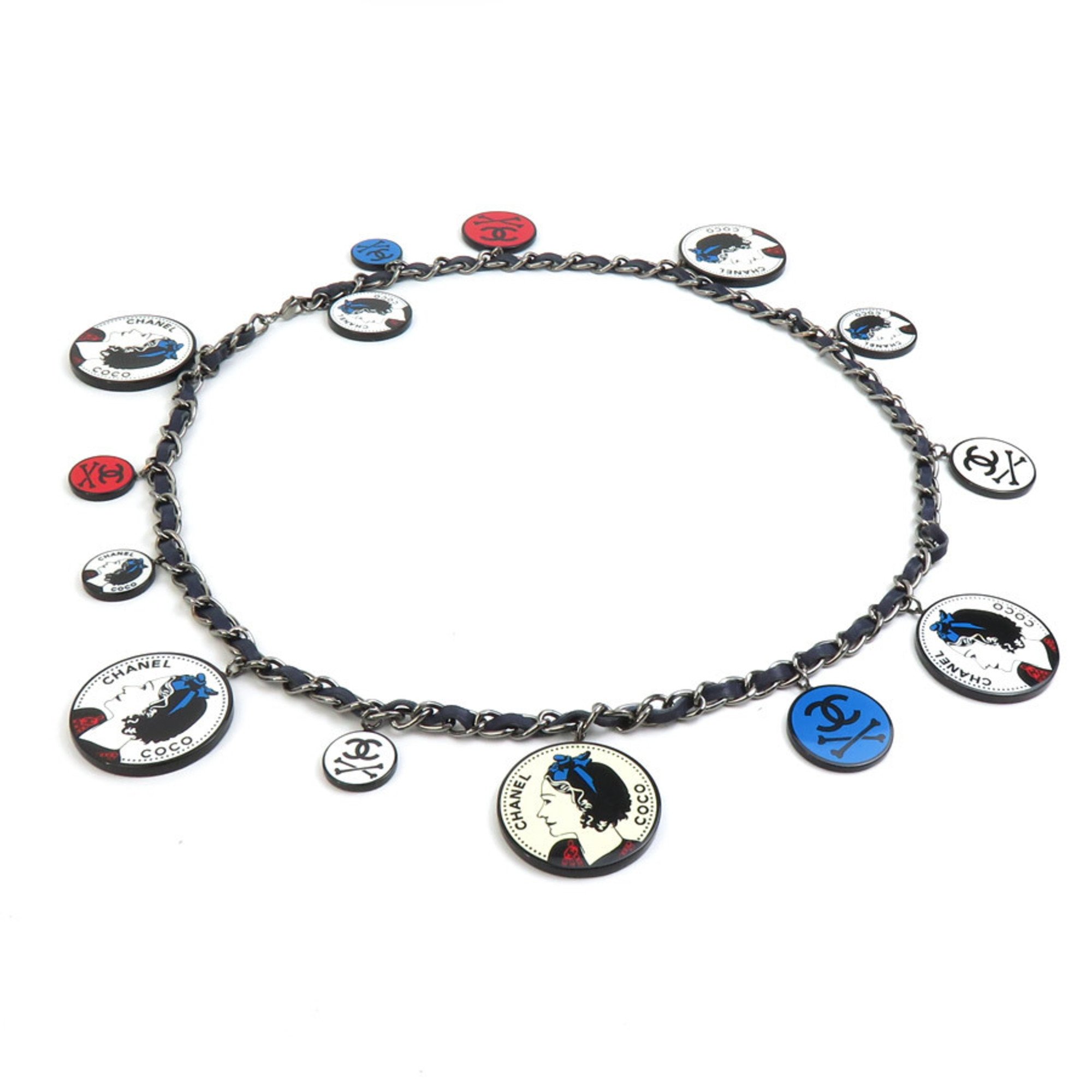 CHANEL Necklace Mademoiselle Metal Leather Resin Navy White Multicolor Women's e59586a