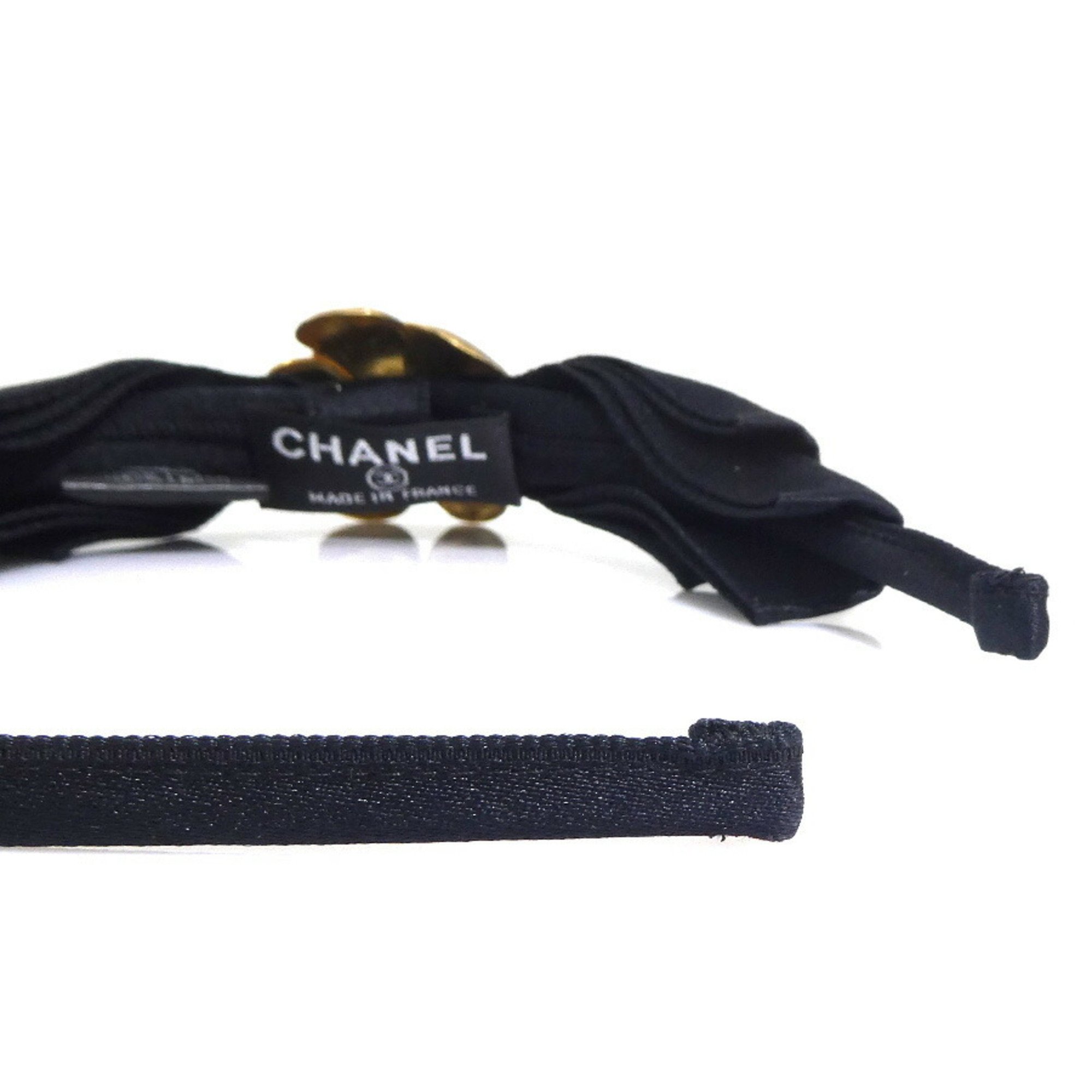 CHANEL Headband Camellia Coco Mark Ribbon Silk Metal Black Gold Women's e59570a