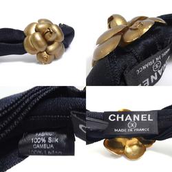 CHANEL Headband Camellia Coco Mark Ribbon Silk Metal Black Gold Women's e59570a