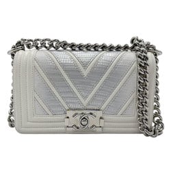 CHANEL Shoulder Bag Boy Chanel Leather White x Silver Women's z2809