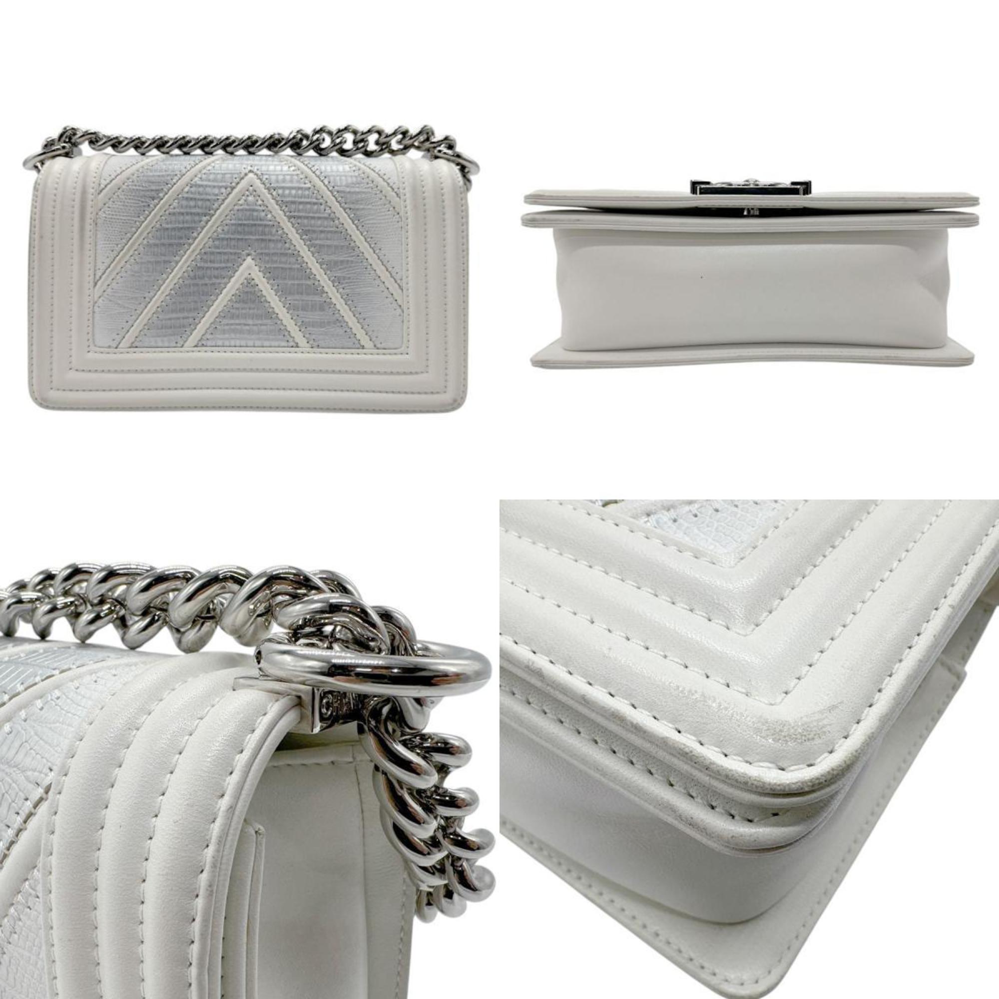 CHANEL Shoulder Bag Boy Chanel Leather White x Silver Women's z2809