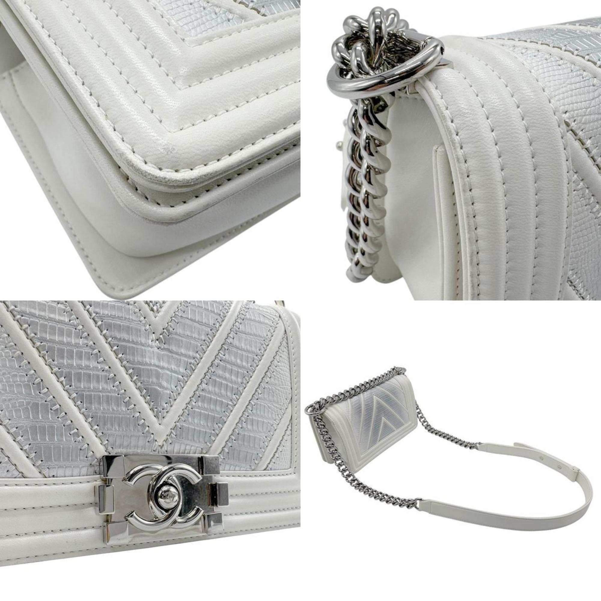 CHANEL Shoulder Bag Boy Chanel Leather White x Silver Women's z2809