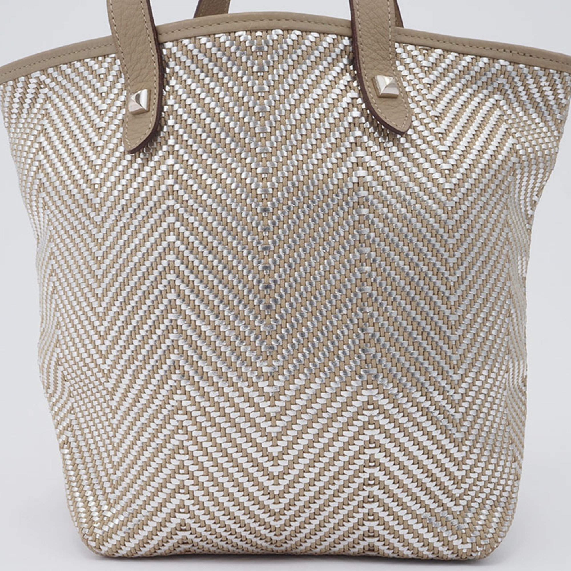 Hermes Cabas Chennai PM Tote Bag Beige Silver Women's Cowhide Polyester Handbag HERMES