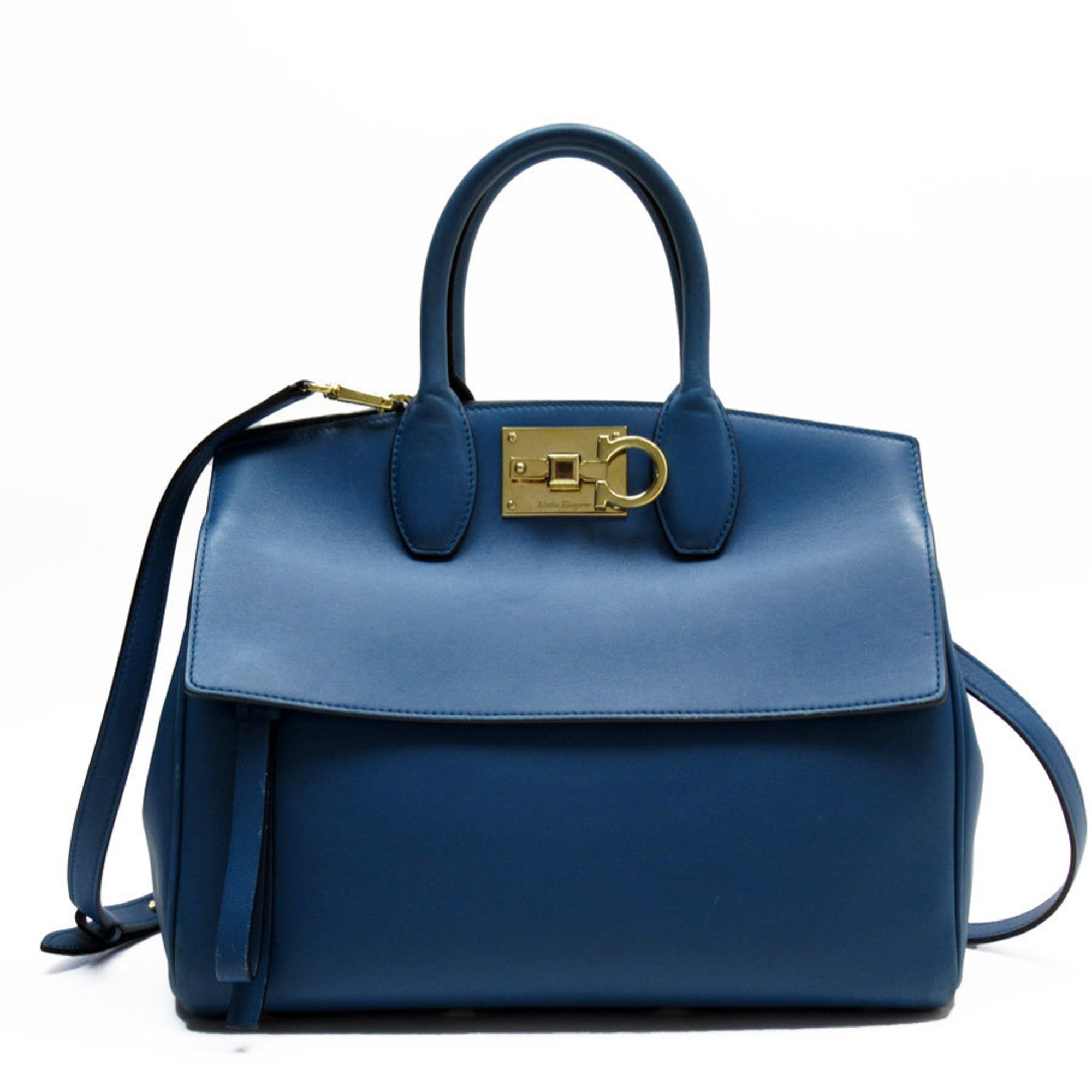 Salvatore Ferragamo handbag shoulder bag Gancini leather blue gold ladies w0814a