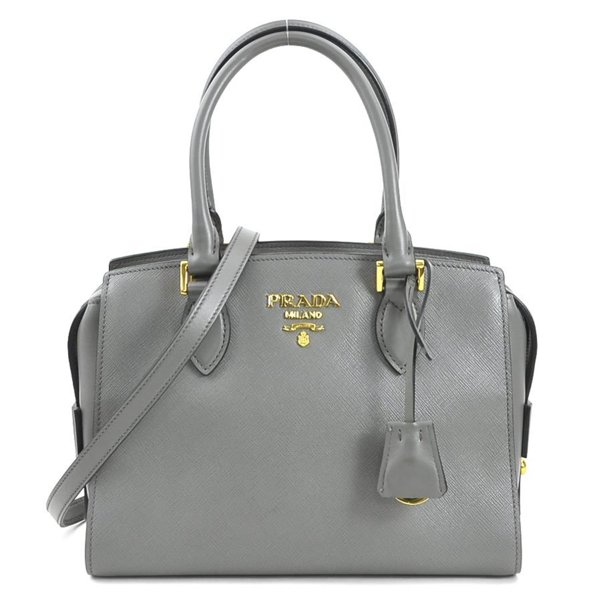 PRADA handbag shoulder bag leather grey gold ladies e59577a