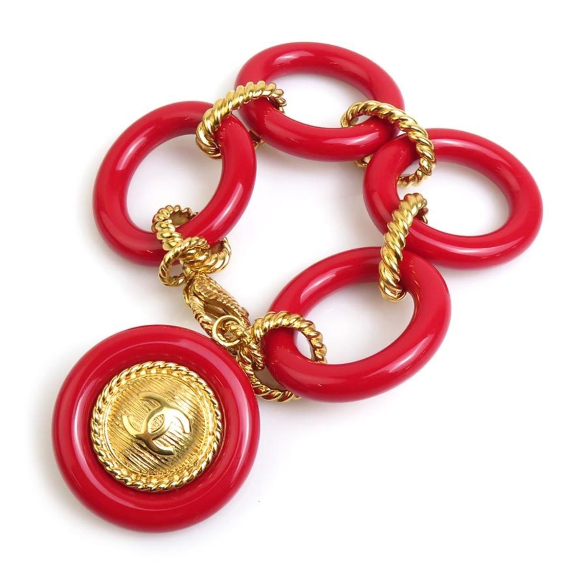 CHANEL Coco Mark Bracelet Metal Resin Gold Red Women's e59543a