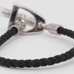 Hermes Leather Bracelet Etrier Black Silver H100016FP89T1 Women's Tresse HERMES