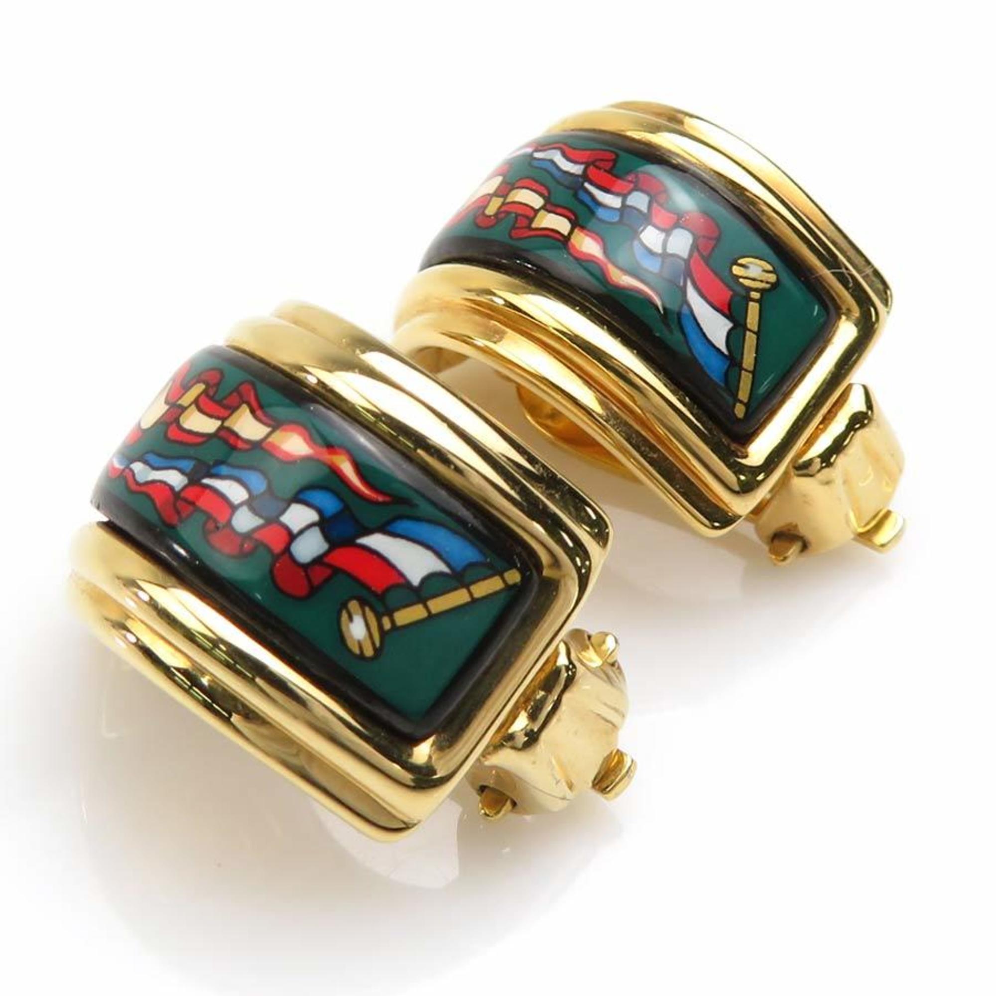 Hermes HERMES Earrings Cloisonne Metal Enamel Gold Green Multicolor Women's e59546a