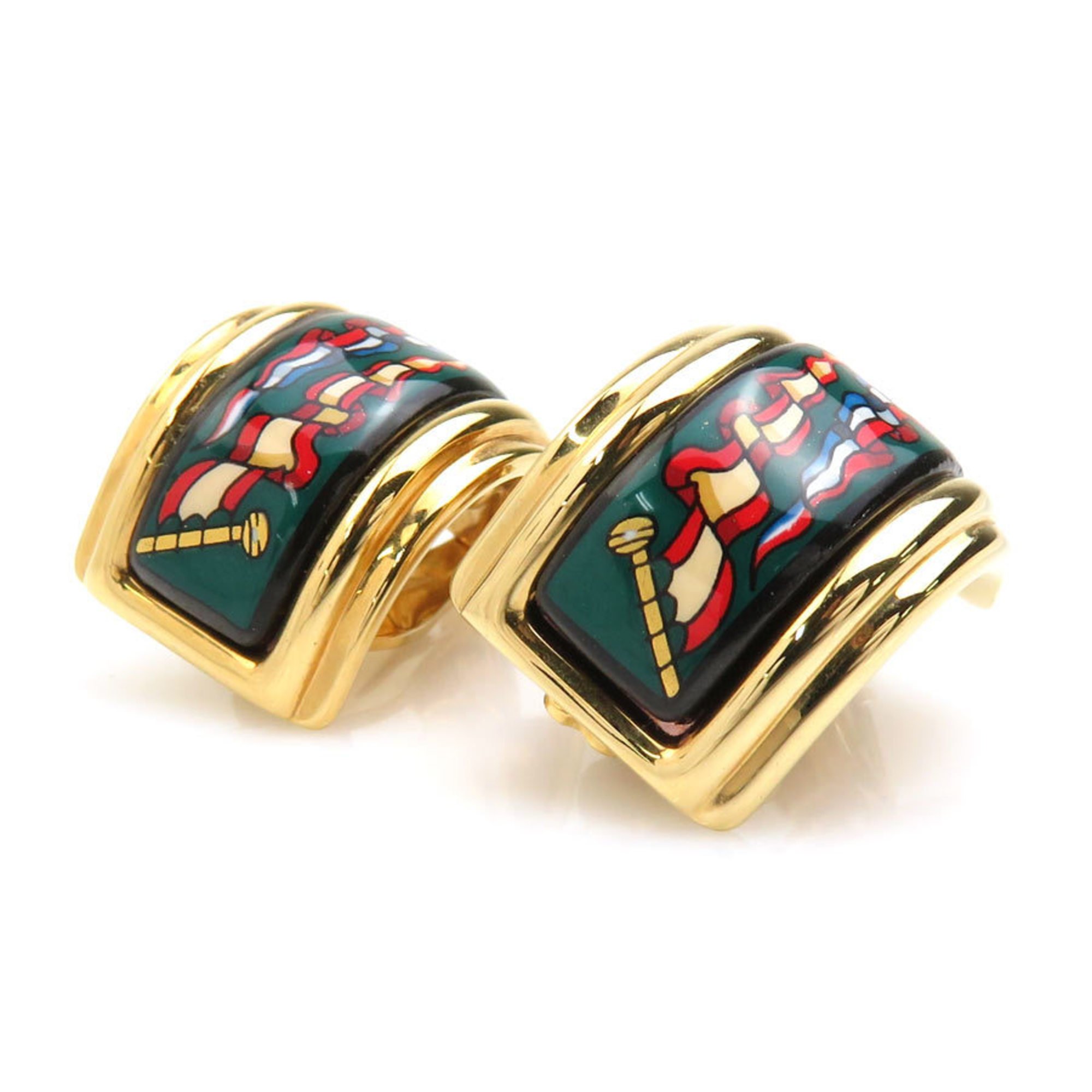 Hermes HERMES Earrings Cloisonne Metal Enamel Gold Green Multicolor Women's e59546a