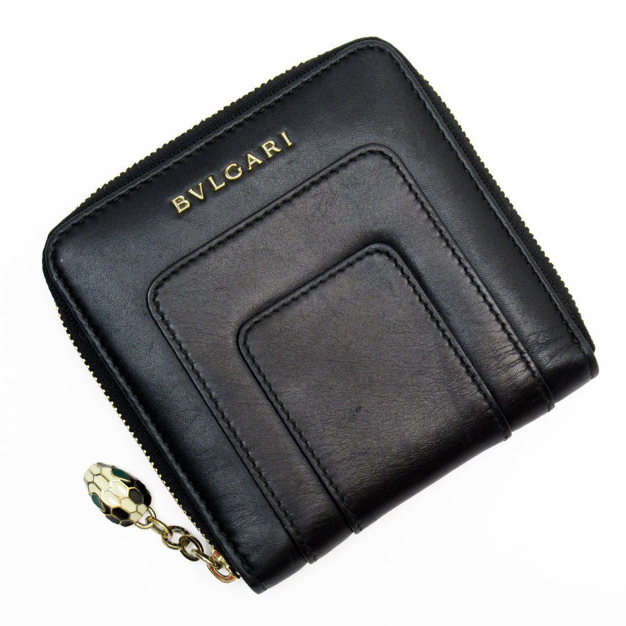 BVLGARI Serpenti Wallet Leather Black Gold Men's Women's w0828k