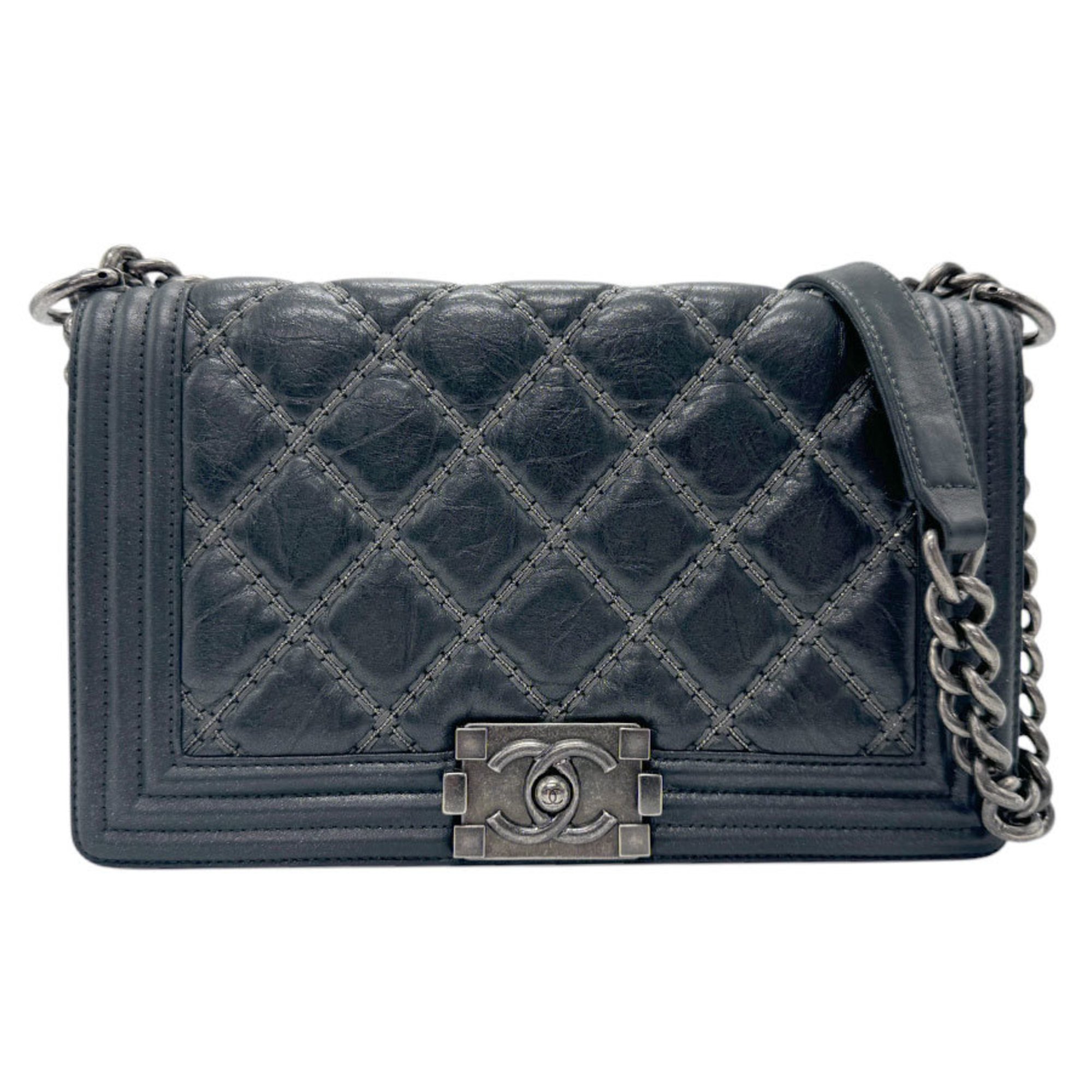 CHANEL Shoulder Bag Boy Chanel Leather Metal Silver Black Women's z2803