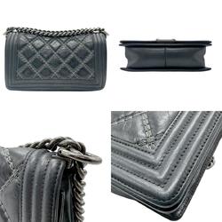 CHANEL Shoulder Bag Boy Chanel Leather Metal Silver Black Women's z2803